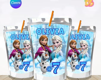 Envoltorio de Capri Sun congelado, etiqueta de jugo para fiesta de cumpleaños de princesa, descarga instantánea, plantilla editable, pegatina personalizada para niña