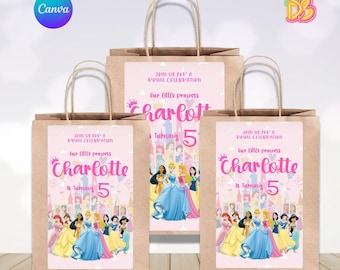 Bearbeitbare Prinzessin Birthday Gunst Tasche | Druckbares Baby Girl Party thema| Canva Vorlage | Sofort Download