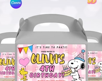 Caja de regalo de cumpleaños de Snoopy de Peanuts, contenedor de obsequios editable en Canva, caja de dulces personalizada, descarga imprimible, bolsita de dulces para niña