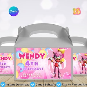 May include: Gray party favor boxes with a pink and white label. The label reads "WENDY 4TH BIRTHDAY! THANK YOU FOR COMING!" and features a cartoon character. The Canva logo and "Instant Download, Canva Editable, Easy to Personalize" are also visible.