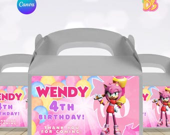 Amy Rose Geburtstagsgiebel Box Etikett, bearbeitbares Gastgeschenk