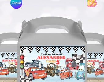 Bearbeitbare Cars Gable Box Etikett, Geburtstagsparty Gunst Leckerli Box