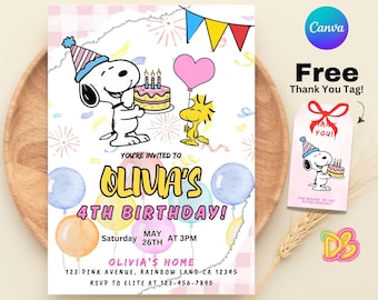 Invitación de cumpleaños de Snoopy, invitación para fiesta de Peanuts, plantilla editable de Canva, tarjetas personalizadas para niña, diseño de perro adorable