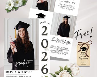 Tarjeta de anuncio de graduación, invitación sencilla y elegante para chicas, promoción de 2026.