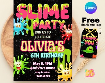 Slime-Geburtstagseinladung, Kinderparty-Vorlage, bearbeitbare Canva einladen