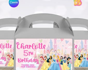 Bearbeitbares Etikett für Prinzessin Gable Box, Geburtstagsfeierbevorzugungsbox