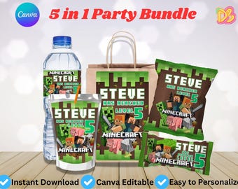 Paquete editable de cumpleaños de Minecraft / Plantilla editable e imprimible / Tema para fiesta de bebé niño / Plantilla de Canva / Descarga instantánea