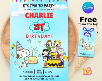 Snoopy Geburtstagseinladung, Peanuts Party einladen, Canva bearbeitbare Vorlage