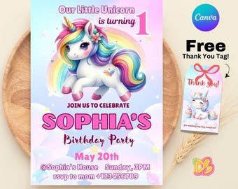 Einhorn-Geburtstagseinladung, kleine Mädchen-Party, Canva Editable