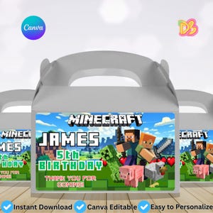 May include: White party favor boxes with Minecraft-themed graphics. The boxes feature the name "James" and "5th Birthday" with Minecraft characters and text. The boxes are designed for easy personalization and instant download.