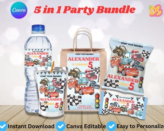 Paquete de fiesta de cumpleaños de coches / Plantilla editable de Canva en acuarela