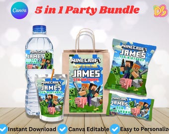 Bearbeitbares Mine Crafter Geburtstags-Bundle-Paket | Bearbeitbare und druckbare Vorlage | Minecraft Jungen Thema | Canva Vorlage | Sofort Download