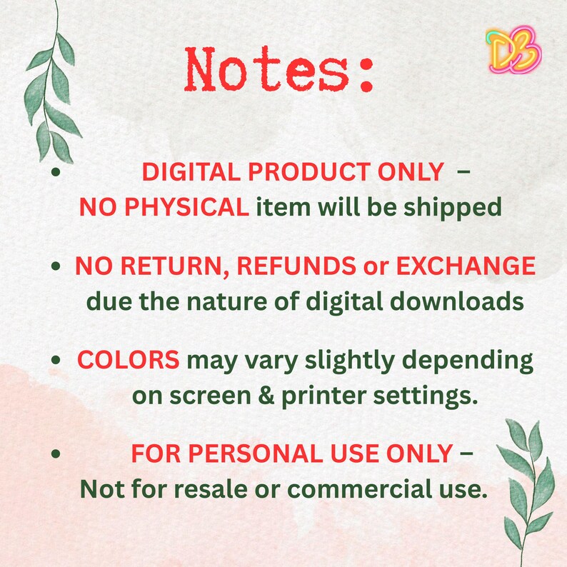 Puede incluir: Un gr&aacute;fico de informaci&oacute;n de producto digital con el texto rojo Notes: seguido de puntos que indican: DIGITAL PRODUCT ONLY - NO PHYSICAL item will be shipped, NO RETURN, REFUNDS or EXCHANGE, COLORS may vary y FOR PERSONAL USE ONLY.