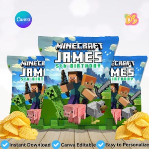 May include: Three blue Minecraft-themed chip packets with the name "James" and "5th Birthday" printed on them. The packets feature Minecraft characters, a green creeper, pink pigs, and a white chicken. Wavy potato crisps are in the foreground.