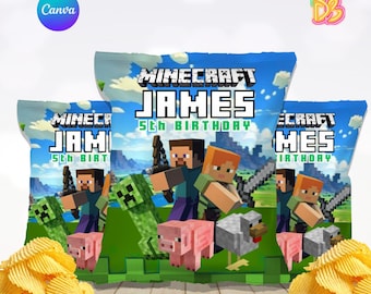 Envoltorio de bolsa de patatas fritas de Minecraft, etiqueta de cumpleaños para snacks, plantilla de Canva de descarga instantánea, pegatina digital personalizable para evento, rompecabezas, bebé niño