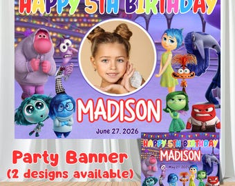 Fondo de Inside Out para el 5.º cumpleaños, pancarta con personajes emotivos, póster fotográfico personalizado, decoración para fiestas infantiles, decoración imprimible para celebraciones.