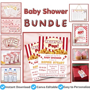 May include: A baby shower bundle with a popcorn theme. Includes invitations, games, and decorations. The invitations say "Ready to Pop!" and include event details. Other items include a diaper raffle, sweet treats, and water bottles.