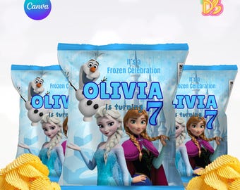 Envoltorio para bolsa de patatas fritas congeladas, etiqueta para snack de cumpleaños, plantilla de Canva de descarga instantánea, pegatina digital personalizable para eventos.