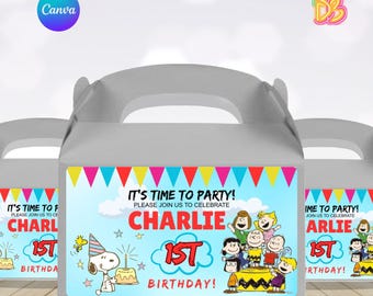 Bearbeitbares Snoopy Gable Box Etikett, Geburtstagsparty Gunst Leckerli Box