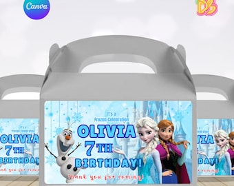 Etiqueta editable para caja de regalo Frozen Gable, caja de dulces para fiestas de cumpleaños, plantilla de Canva de descarga instantánea, pegatina digital personalizable para eventos.