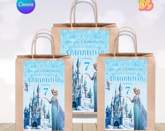 Frozen Birthday Gastgeschenk Taschenaufkleber | Elsa Princess Party (Canva Bearbeitbarer Download)