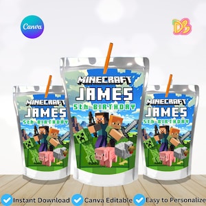 May include: Three clear juice pouches with orange straws, featuring a Minecraft theme. Each pouch has the name "JAMES" and "5th BIRTHDAY" in bold text. The design includes Minecraft characters and a blue sky background.