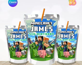 Envoltorio de Capri Sun de Minecraft, etiqueta de jugo para fiesta de cumpleaños con rompecabezas, descarga instantánea, plantilla editable, pegatina personalizada para bebé niño