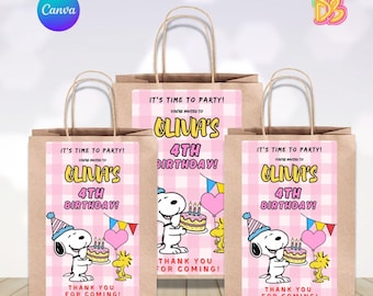 Etiqueta editable para bolsa de regalos de cumpleaños de Peanuts en rosa, pegatina de Snoopy a cuadros para bolsita de dulces de fiesta, plantilla de Canva para bolsita de agradecimiento para niña