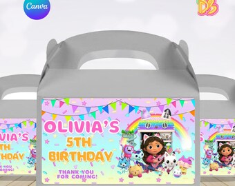 Plantilla de caja de regalo de cumpleaños con diseño de arcoíris pastel de Gabby, etiqueta editable de Canva para empaques de dulces, imprimible personalizado para fiesta de niña.