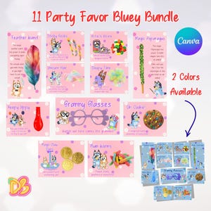 May include: A set of 11 party favor cards featuring Bluey characters and themes on a pink background with white flower accents. Each card displays a specific item name like Feather Wand, Magic Asparagus, and Granny Glasses, along with descriptive text.