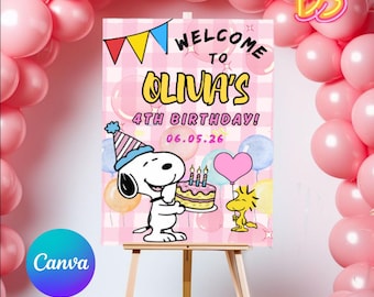 Letrero de bienvenida de cumpleaños de Snoopy rosa, póster para fiesta de perros, fondo temático de Peanuts, decoración para el cuarto cumpleaños de niña, letrero de celebración imprimible