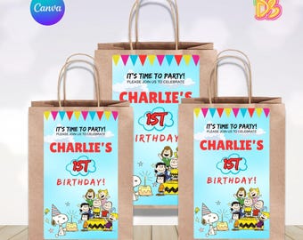 Bearbeitbares Snoopy Geburtstagstaschenetikett | Erdnussparty