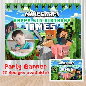 May include: A Minecraft-themed party banner featuring a green triangular bunting, the text MINECRAFT HAPPY 5TH BIRTHDAY JAMES, and pixelated characters including a Creeper, a pig, and a chicken. A circular photo frame displays a young child.