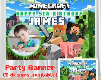 Fondo fotográfico personalizado para el 5.º cumpleaños de Minecraft, pancarta para fiesta gamer, póster de celebración con bloques pixelados, cartel decorativo imprimible.
