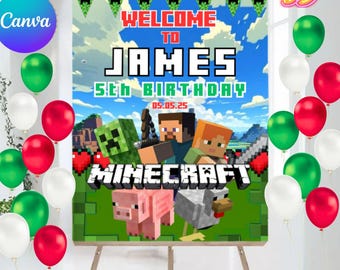 Mine Crafter Geburtstagsparty Willkommensschild, Party Hintergrund Poster, Banner Gunst, Baby Boy Design