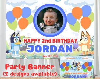Fondo de cumpleaños de perro azul, pancarta fotográfica personalizada, decoración de fiesta de perro de dibujos animados, póster de celebración infantil, decoración para el segundo cumpleaños de un niño.