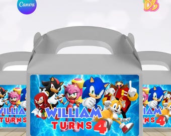 Etiqueta para caja de Sonic Gable, plantilla editable para caja de dulces de fiesta de cumpleaños, descarga instantánea en Canva, pegatina digital personalizable para eventos.
