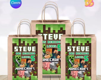 Bolsa de regalo de cumpleaños con diseño de Minecraft Nivel 5 Pixel, bolsa de obsequios para fiestas de videojuegos, recipiente para dulces con temática de bloques, bolsa de botín para celebración de videojuegos