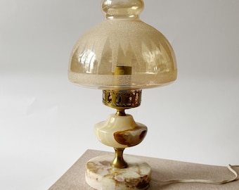 Lampada da tavolo vintage in vetro acidato, base in marmo alabastro e ottone, illuminazione italiana di metà secolo