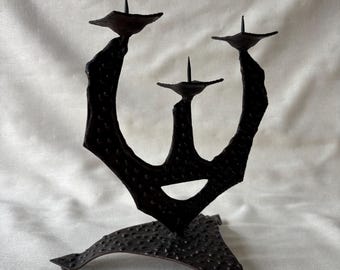 Vintage Brutalist Iron Candelabra — Sculptural Mid-Century Candle Holder