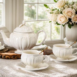 May include: A white porcelain tea set with a teapot, two teacups, and saucers. The set features a detailed embossed design and is placed on a white tablecloth. A vase of white roses is in the background, creating an elegant, classic aesthetic.