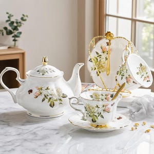 Op de afbeelding: Een theeservies van wit porselein met een theepot, een theekopje op een schoteltje en een bijpassend kopje dat aan een goudkleurige metalen standaard hangt. Elk stuk is versierd met een bloemmotief van roze en gele rozen en kleine vlinders.