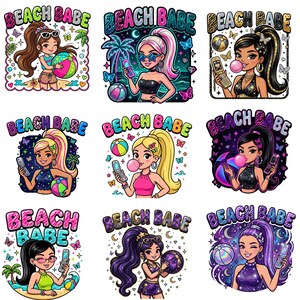 Op de afbeelding: Een verzameling van negen illustraties in cartoonstijl met personages met verschillende haarkleuren en stijlen, elk met een klaptelefoon of strandbal. Elke afbeelding bevat de tekst BEACH BABE in kleurrijke, gestileerde letters met vlinders en sterren.