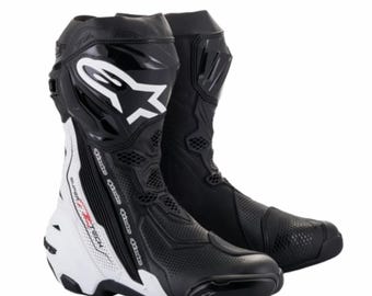 Alpinestar Supertech R Motorcycle Racing Boots Professional Black & White Leather Biker Shoes High Performance Protective Motorbike Gear
