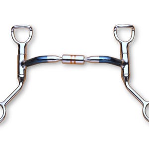 May include: A silver-colored horse bit with a curved mouthpiece and rings on each end. The bit has a central section with orange and silver accents. The design includes a D-ring on each side for attachment to the bridle.