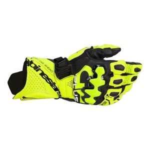 May include: Neon yellow and black motorcycle glove with the brand name "Alpinestars" printed on the cuff. The glove features a perforated design for breathability and a secure wrist strap. The glove is designed for racing.