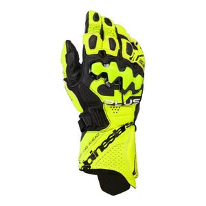 May include: A neon yellow and black motorcycle glove with the word "PLUS" printed on the side. The glove has a black wrist strap and the words "RACING AHEAD" printed on the cuff. The brand name "pinestars" is printed on the cuff.