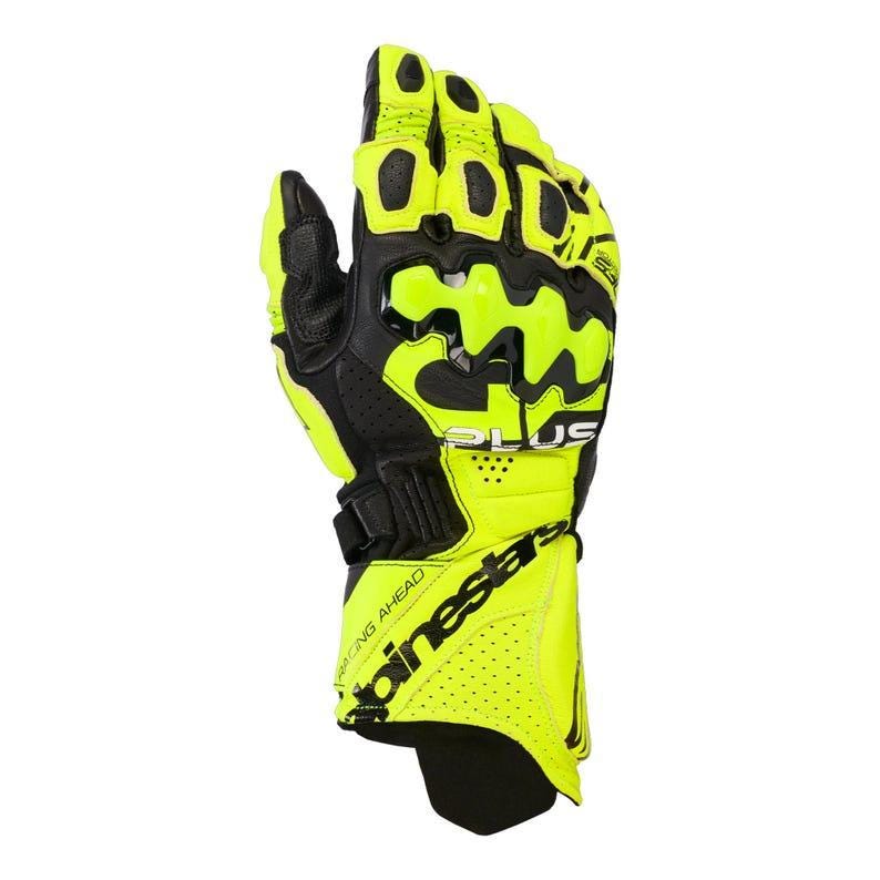 May include: A neon yellow and black motorcycle glove with the word "PLUS" printed on the side. The glove has a black wrist strap and the words "RACING AHEAD" printed on the cuff. The brand name "pinestars" is printed on the cuff.