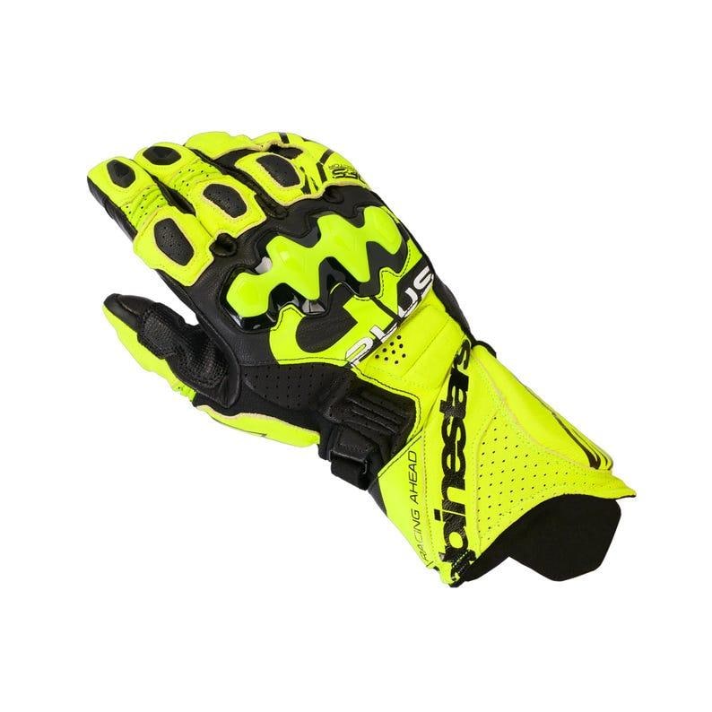 May include: A neon yellow and black motorcycle glove with the brand name "Alpinestars" printed on the cuff. The glove features a perforated design for breathability and a secure wrist strap. The words "Racing Ahead" are printed on the cuff.