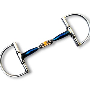 May include: A horse bit with a D-ring design. The bit features a blue and silver center with a gold-colored chain. The D-rings are silver. This equestrian equipment is designed for use with a bridle and reins.